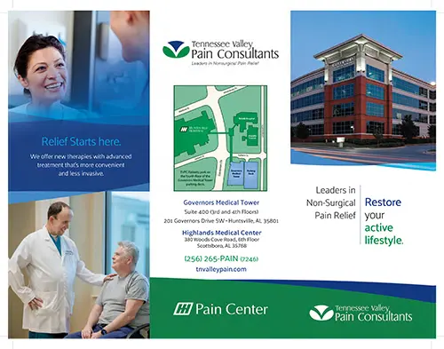 Brochure for Tennessee Valley Pain Consultants shows medical professionals, clinic locations, a modern building, and messages promoting advanced, less invasive pain relief treatments and restoring active lifestyles. Contact info is also included.